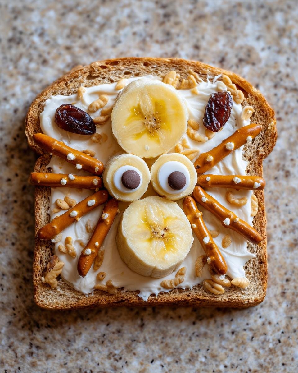 Overhead view of Spider Toast: toast topped with cream cheese, bananas, pretzels, cereal and dates.