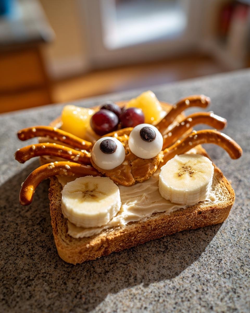 Spider Toast with pretzel legs, fruit, and candy eyes. A quick and easy Halloween treat.