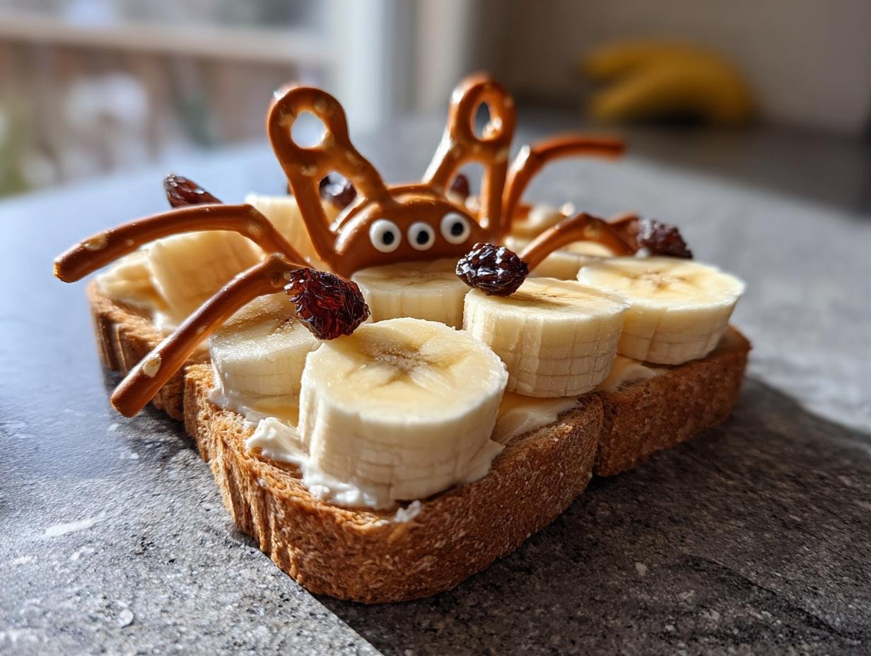 Spider Toast with banana slices, pretzel legs, and raisin accents. A quick Halloween treat!