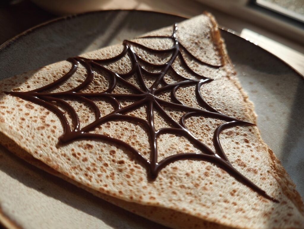 A delicious spiderweb crepes with a chocolate spiderweb design on a plate.