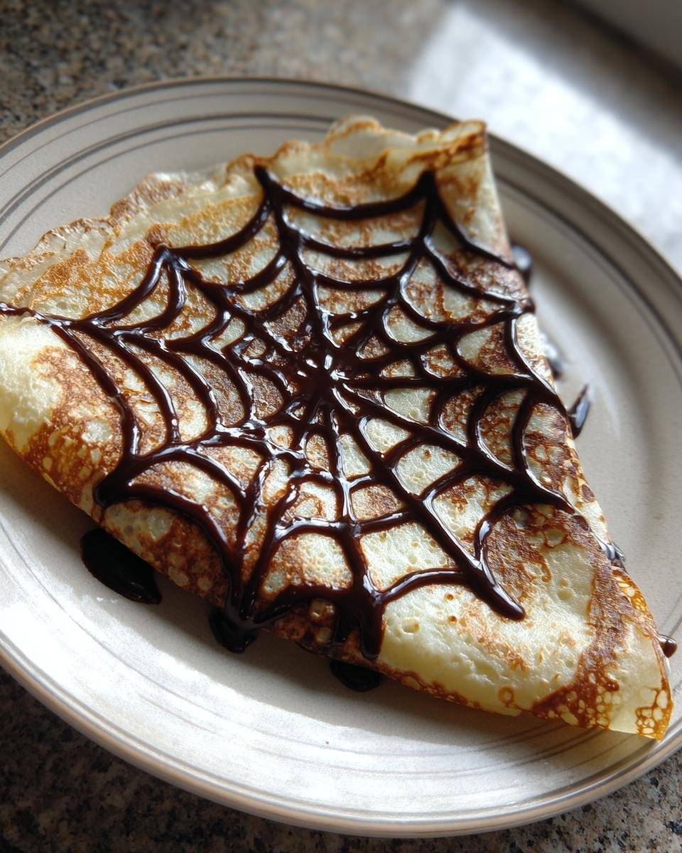 A single spiderweb crepe on a plate, decorated with a chocolate spiderweb design.