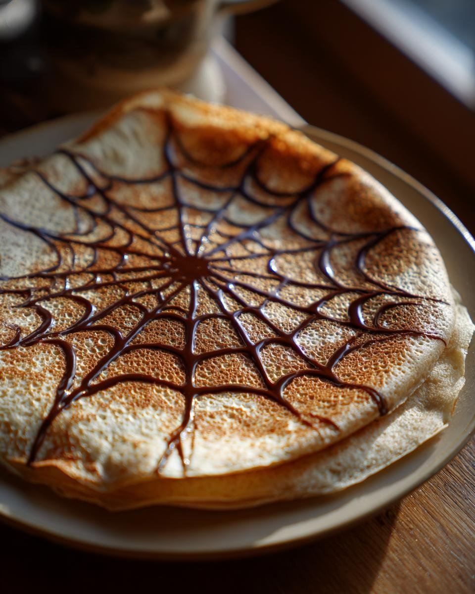 Stack of Spiderweb Crepes decorated with a chocolate spiderweb design on a plate.