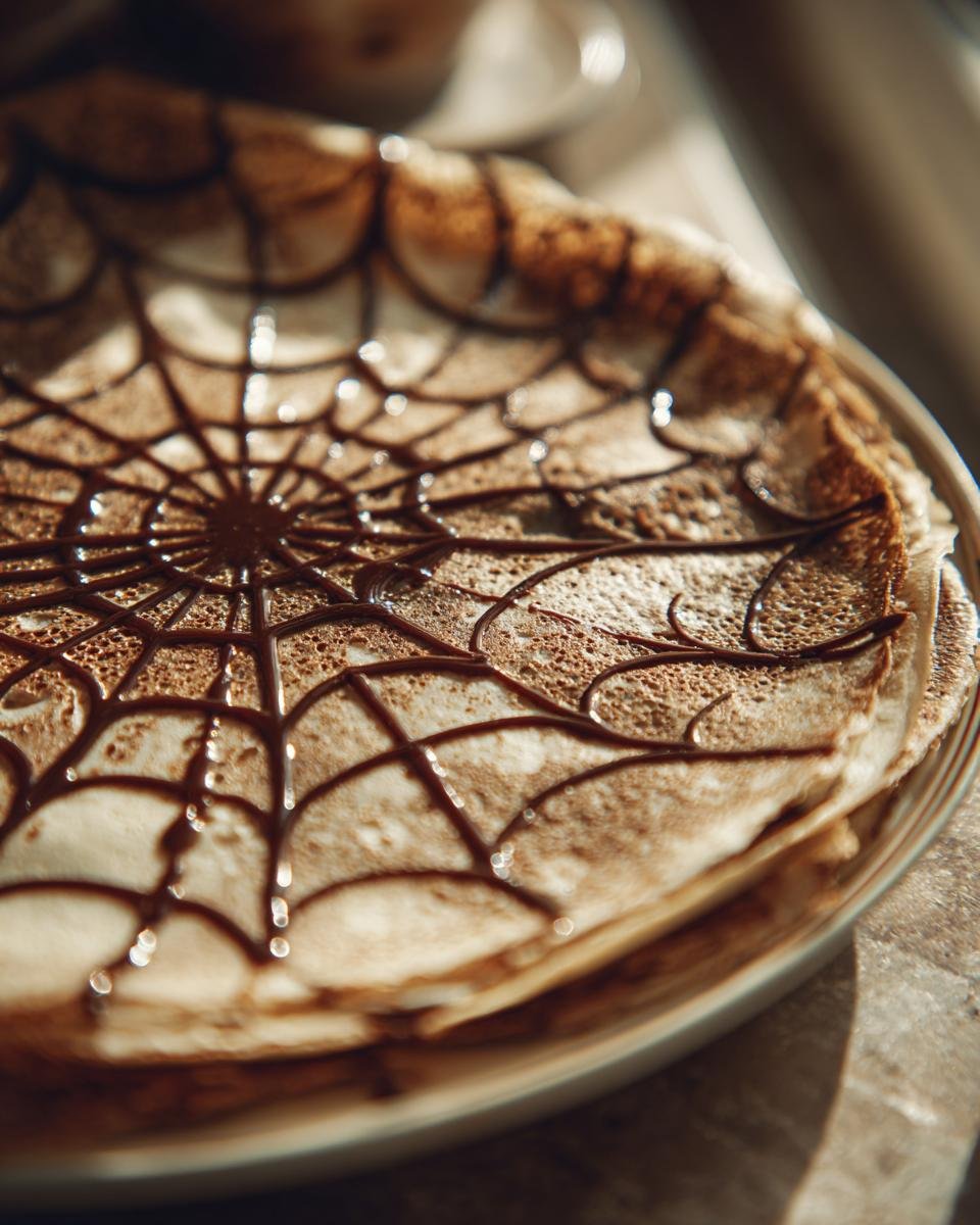 Stack of spiderweb crepes decorated with chocolate sauce in a spiderweb pattern.