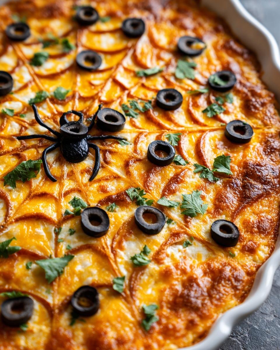 Overhead shot of Spiderweb Taco Dip with sour cream spiderweb, olive spiders, and parsley garnish.