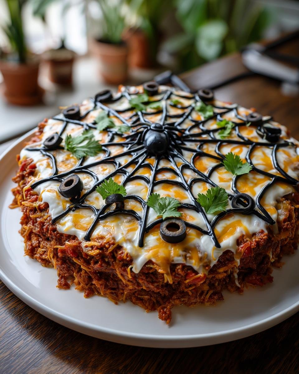 Spiderweb Taco Dip decorated with a spiderweb design, olives, and cilantro for a festive Halloween appetizer.
