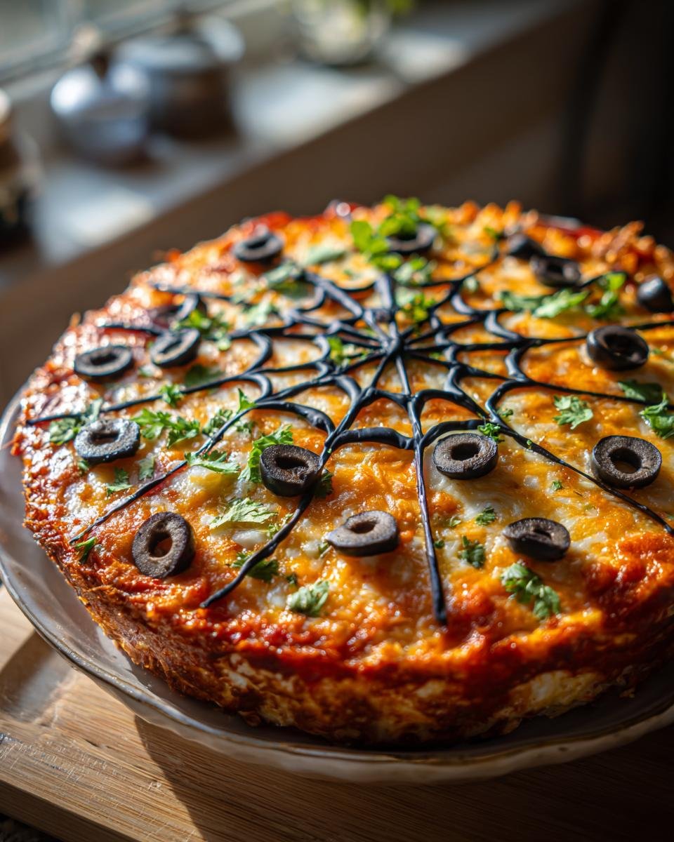 Overhead view of a Spiderweb Taco Dip with black olive spiderweb design and parsley garnish.