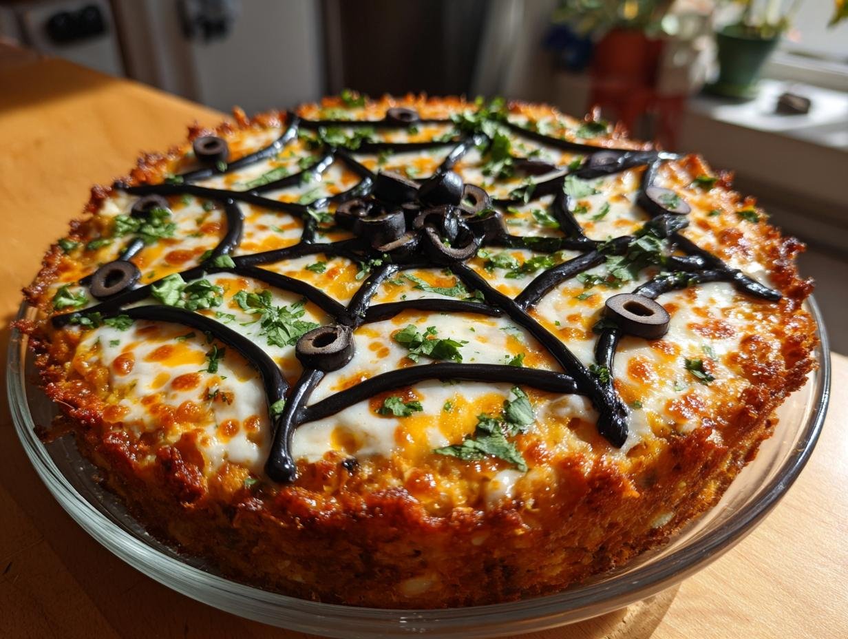 Overhead shot of a Spiderweb Taco Dip with black olive spiderweb design and parsley garnish.