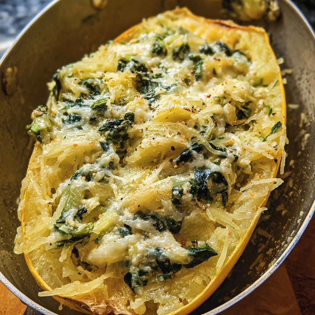 Overhead shot of Spinach and Artichoke Spaghetti Squash in a metal bowl.
