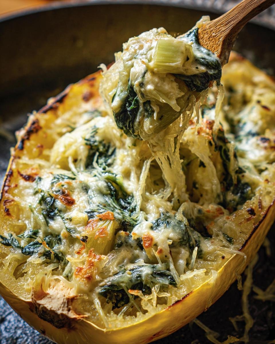 Close-up of Spinach and Artichoke Spaghetti Squash being scooped with a wooden spoon, showing cheesy, vegetable filling.