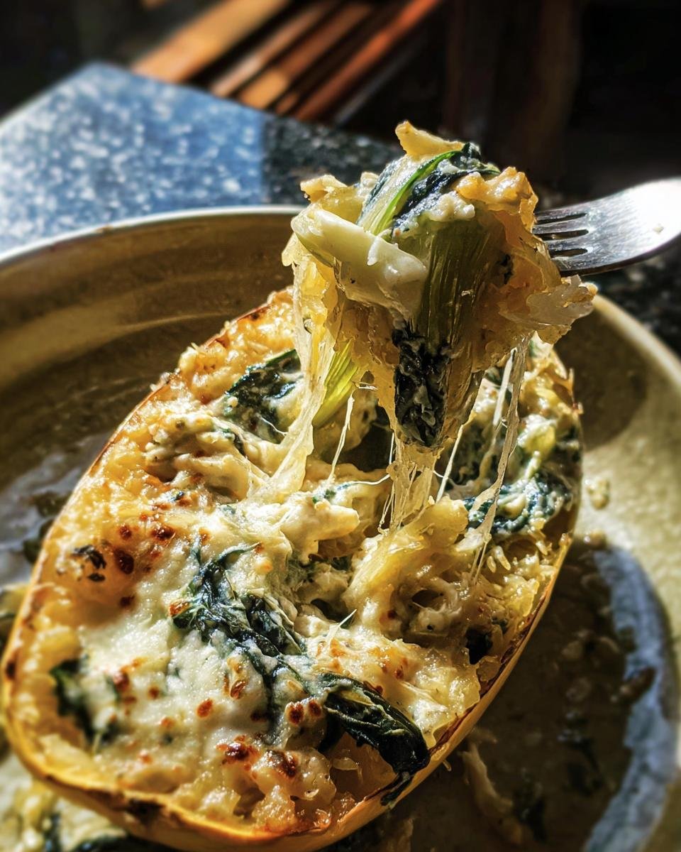 Close-up of Spinach and Artichoke Spaghetti Squash being lifted with a fork, showing cheesy filling.