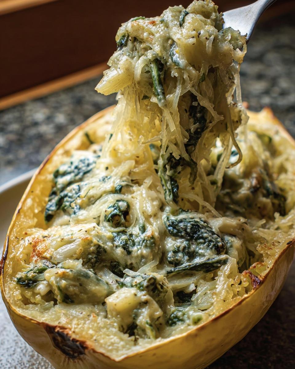Close-up of Spinach and Artichoke Spaghetti Squash being lifted with a fork from the squash shell.