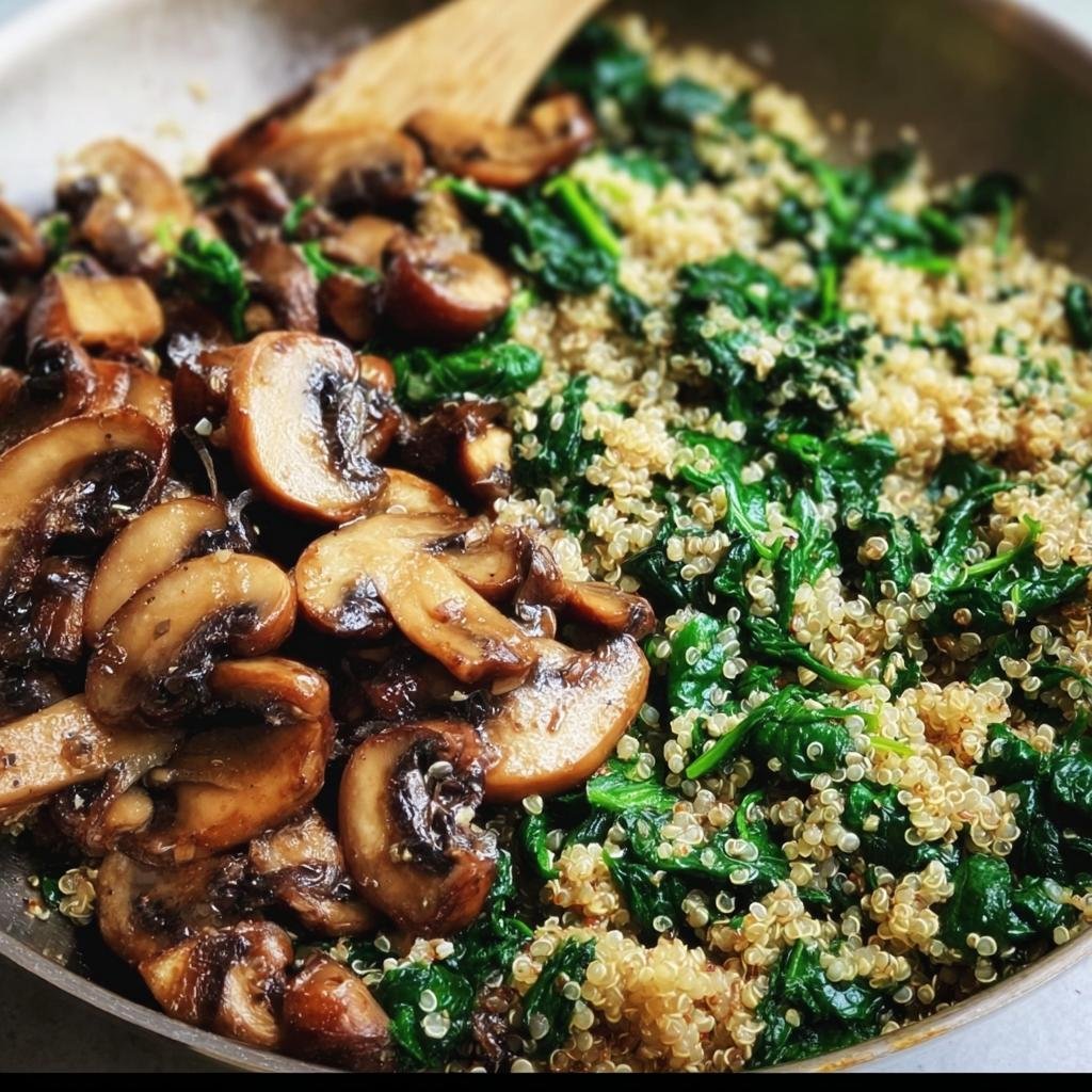 Close-up of a Spinach Mushroom Quinoa Skillet, featuring sauteed mushrooms, spinach, and quinoa.