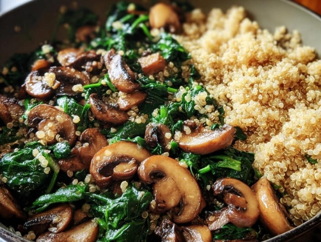 Close-up of a Spinach Mushroom Quinoa Skillet, featuring spinach, mushrooms, and fluffy quinoa.