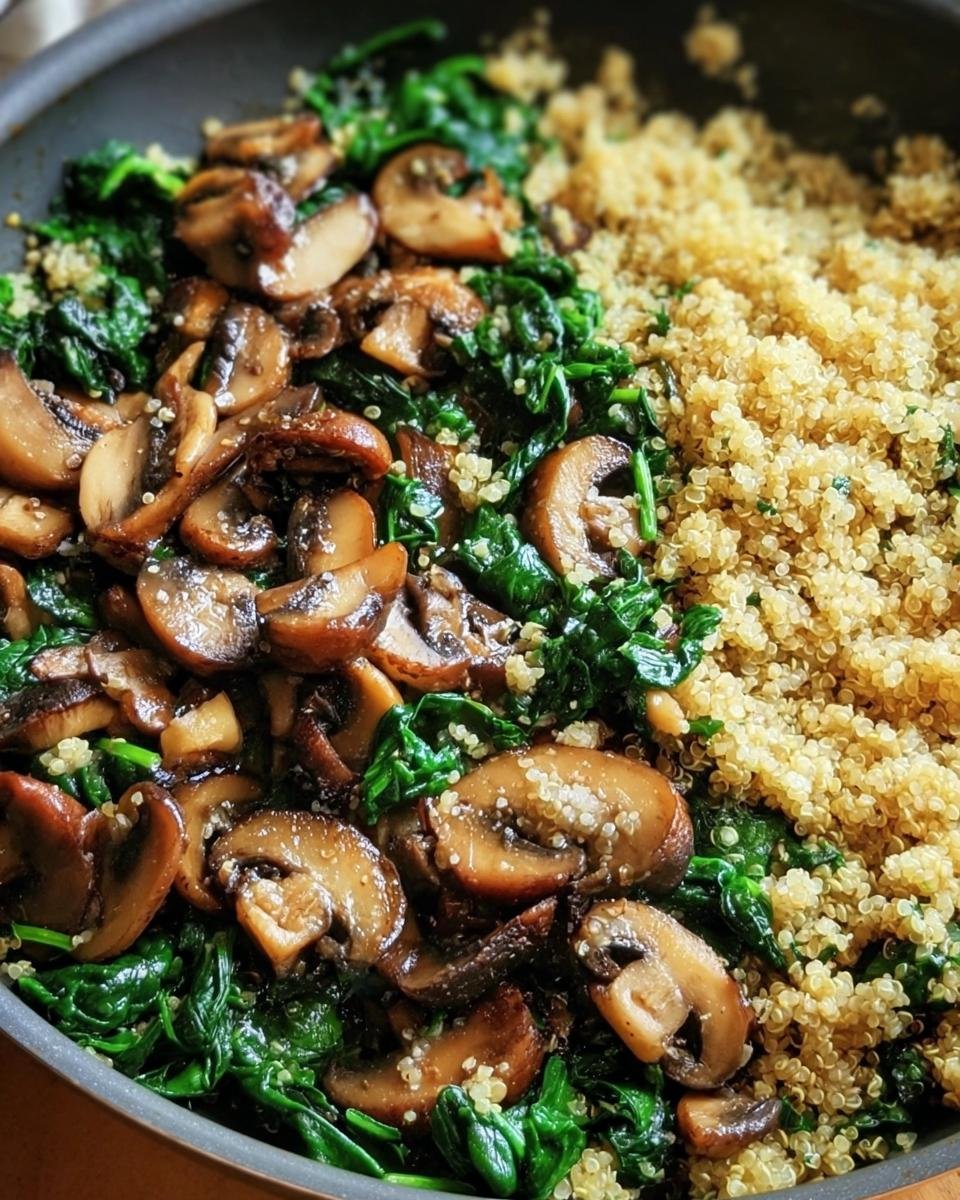 Close-up of a Spinach Mushroom Quinoa Skillet, featuring sauteed mushrooms, spinach, and cooked quinoa.