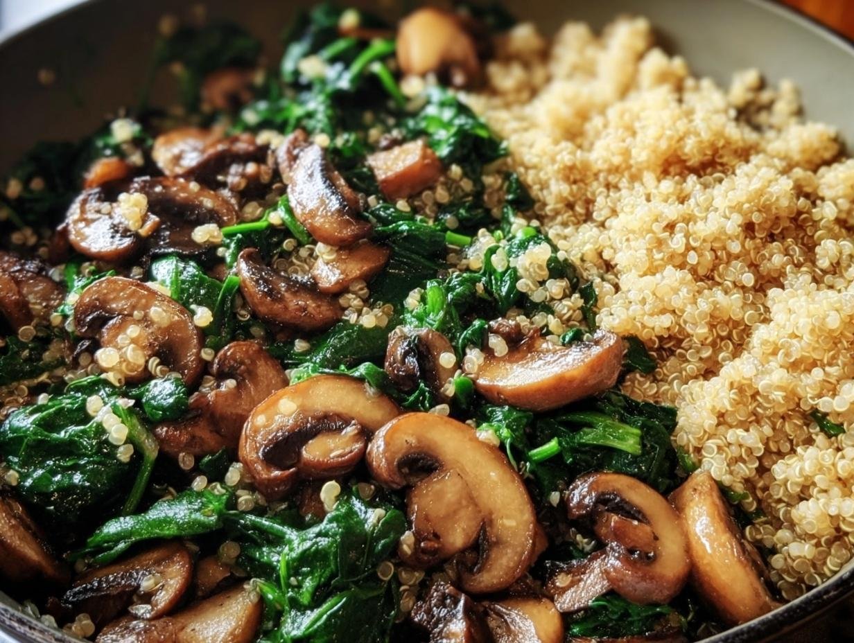Close-up of a Spinach Mushroom Quinoa Skillet, featuring spinach, mushrooms, and fluffy quinoa.