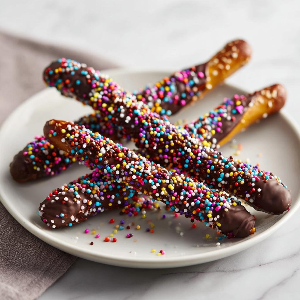 A plate of spooky chocolate-dipped pretzel rods covered in colorful sprinkles.
