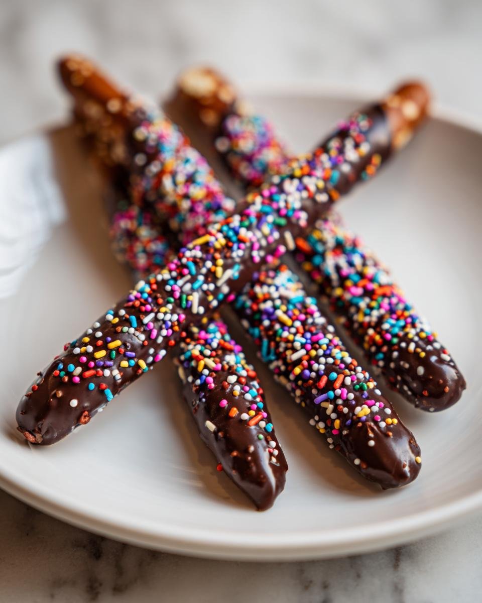 A plate of Spooky Chocolate-Dipped Pretzel Rods covered in colorful sprinkles.
