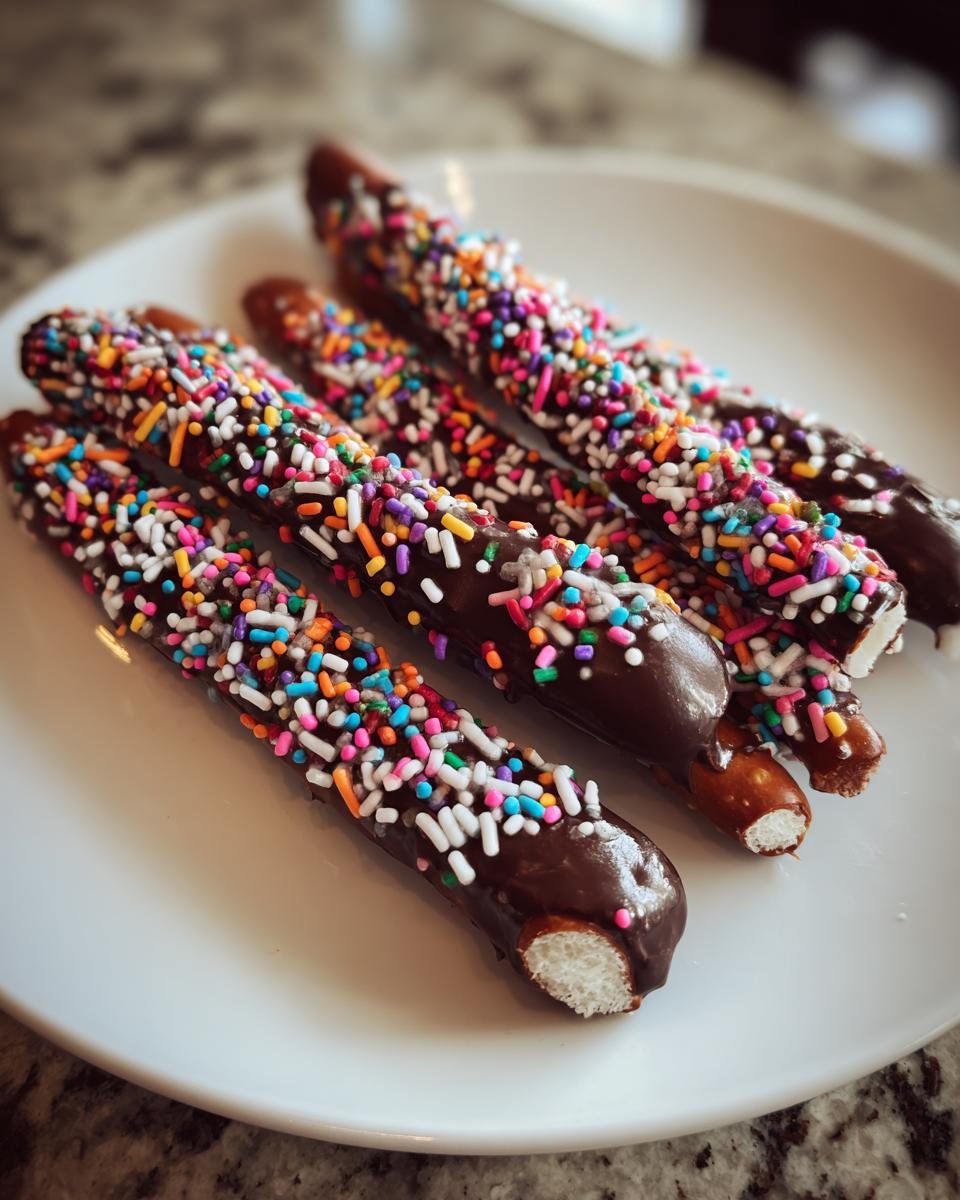 A plate of Spooky Chocolate-Dipped Pretzel Rods covered in colorful sprinkles.