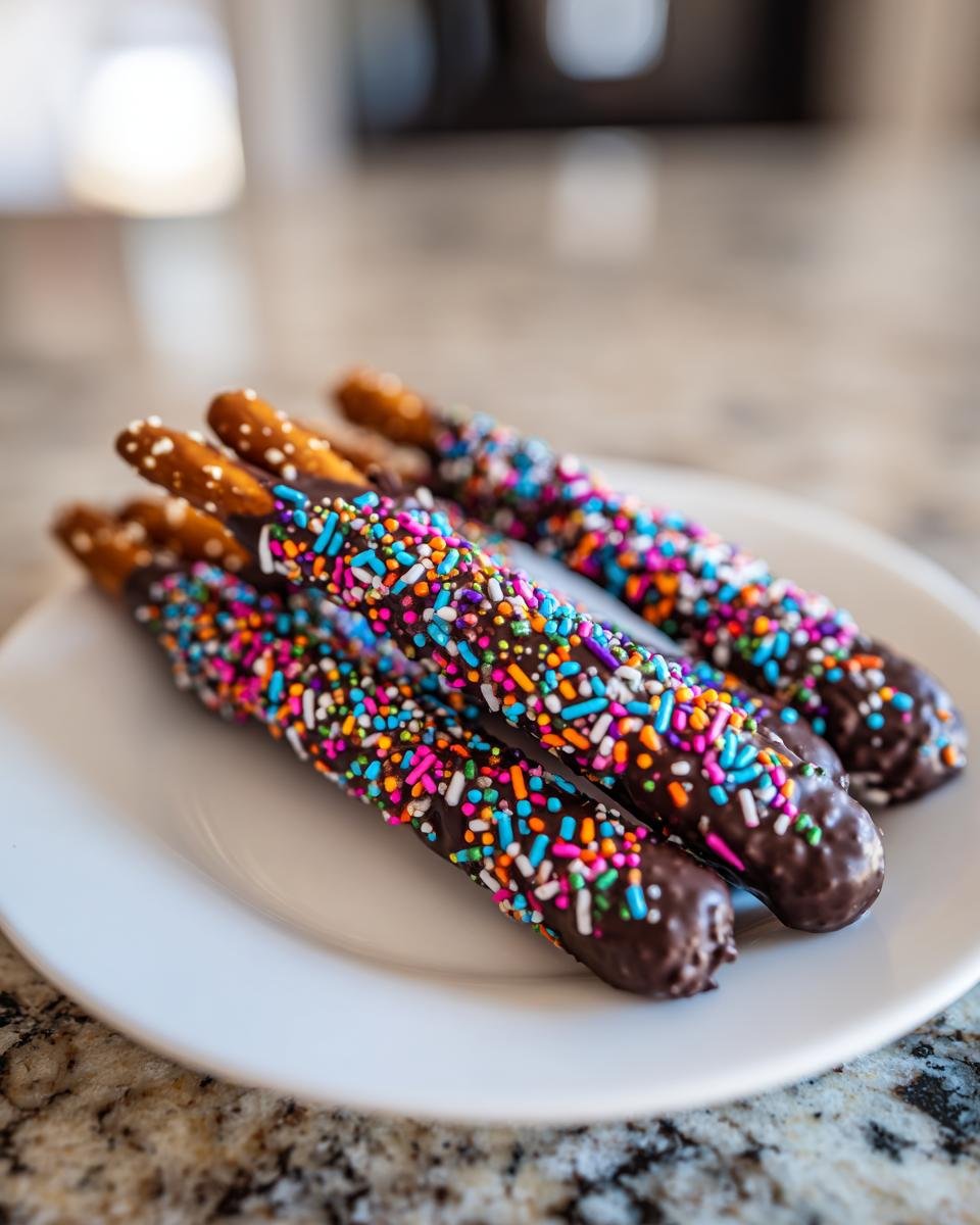Several Spooky Chocolate-Dipped Pretzel Rods covered in colorful sprinkles on a white plate.