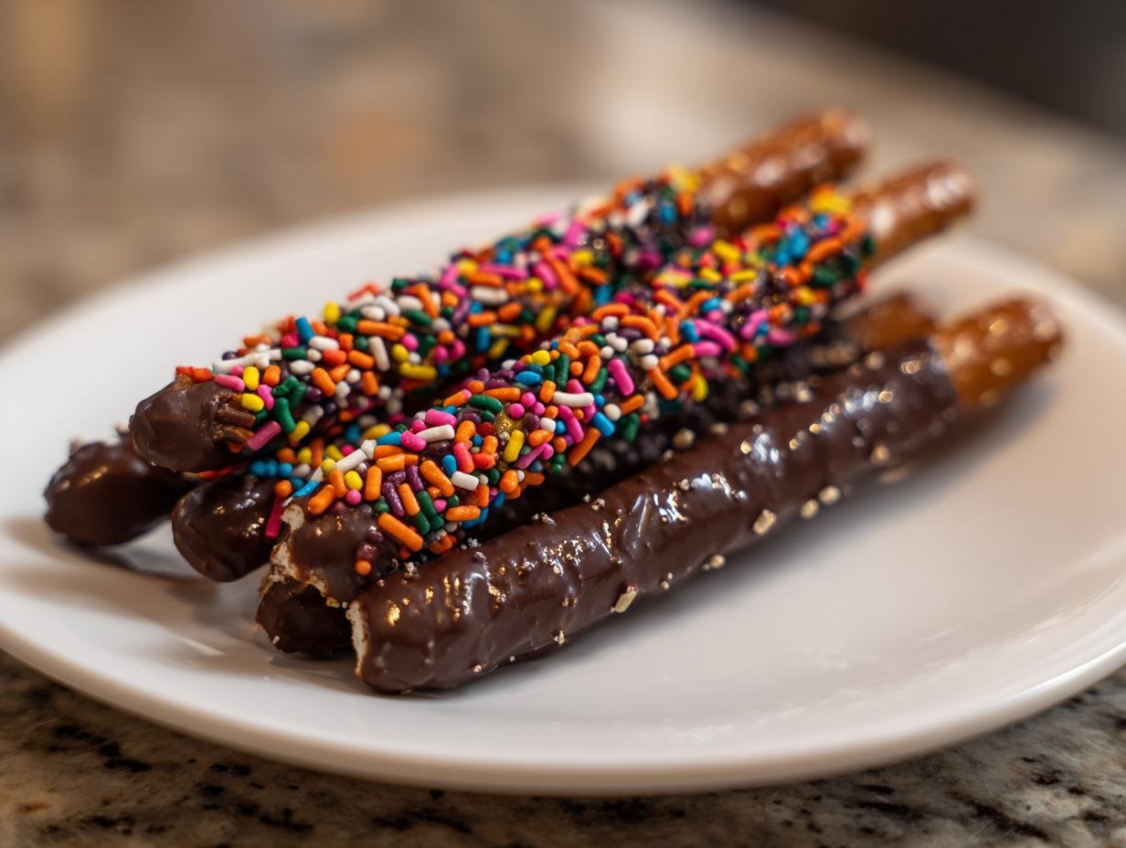A plate of Spooky Chocolate-Dipped Pretzel Rods, some covered in colorful sprinkles, perfect for a Halloween treat.