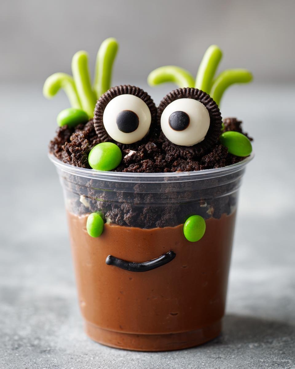 A spooky Frankenstein Pudding Cup with chocolate pudding, crushed cookies, candy eyes, and green accents.