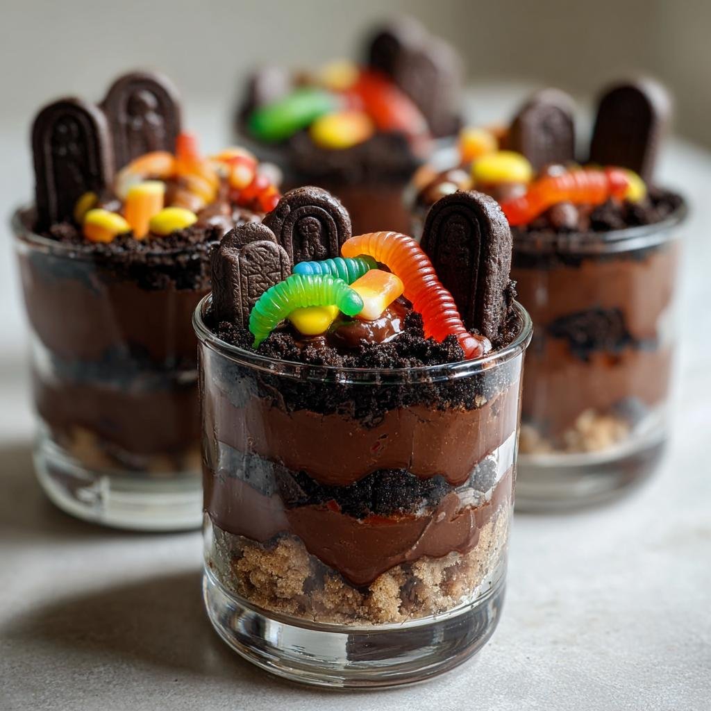 Three Spooky Graveyard Dirt Cake Cups in glasses, decorated with gummy worms and tombstone cookies.