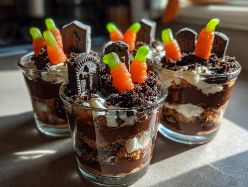Close-up of Spooky Graveyard Dirt Cake Cups with chocolate pudding, crushed cookies, gummy carrots, and tombstone cookies.
