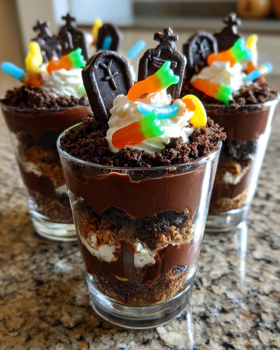Three spooky graveyard dirt cake cups with chocolate pudding, cookie crumbs, gummy worms and tombstone cookies.