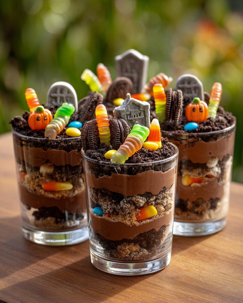Three Spooky Graveyard Dirt Cake Cups with chocolate pudding, crushed cookies, candy, and tombstone decorations.