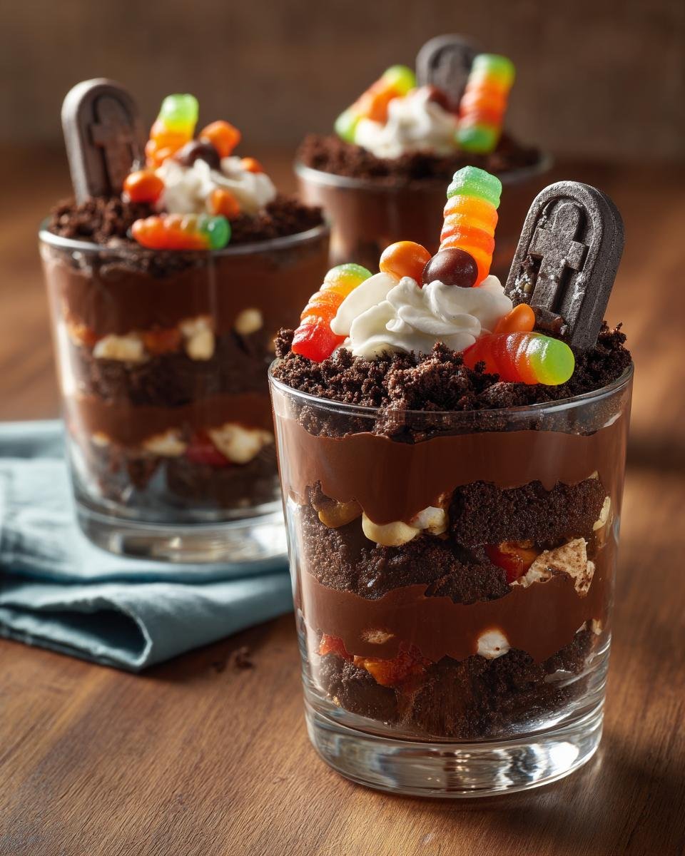 Close-up of Spooky Graveyard Dirt Cake Cups, layered with chocolate pudding, cake, and gummy worms.