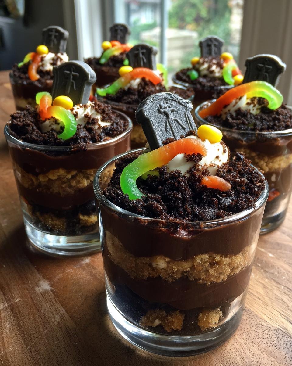 Several Spooky Graveyard Dirt Cake Cups with gummy worms and tombstone cookies.