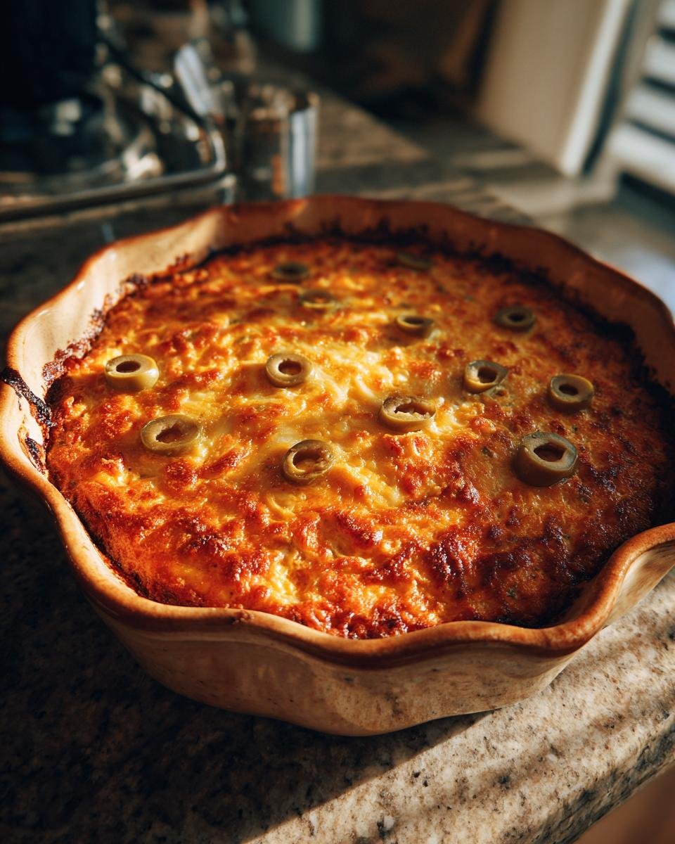 Baked Spooky Halloween Buffalo Dip in a dish, topped with sliced green olives.