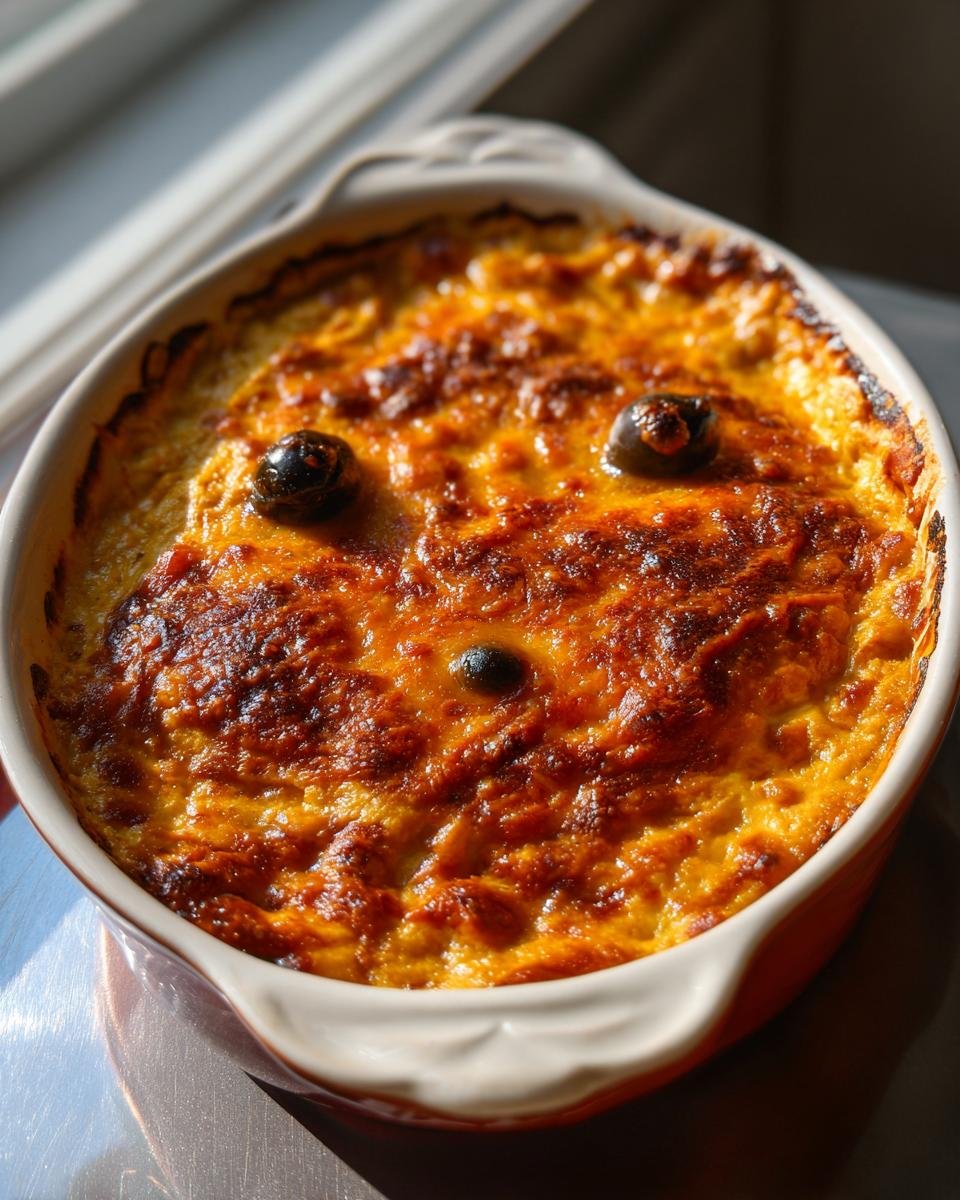 Overhead shot of Spooky Halloween Buffalo Dip in a baking dish, decorated with olives to resemble a spooky face.