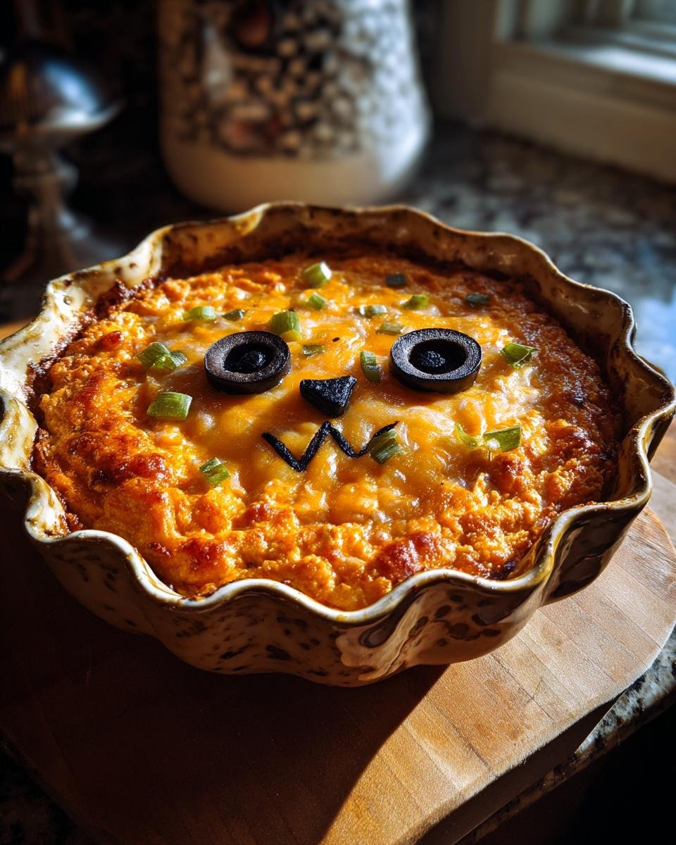 Festive Spooky Halloween Buffalo Dip decorated with olives to resemble a jack-o'-lantern face, ready to serve.