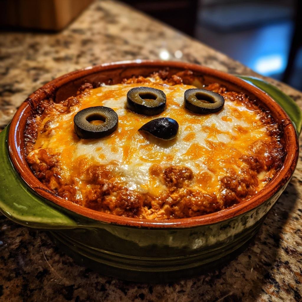 Spooky Halloween Buffalo Dip in a dish, decorated with olive 'eyes' on top of melted cheese.