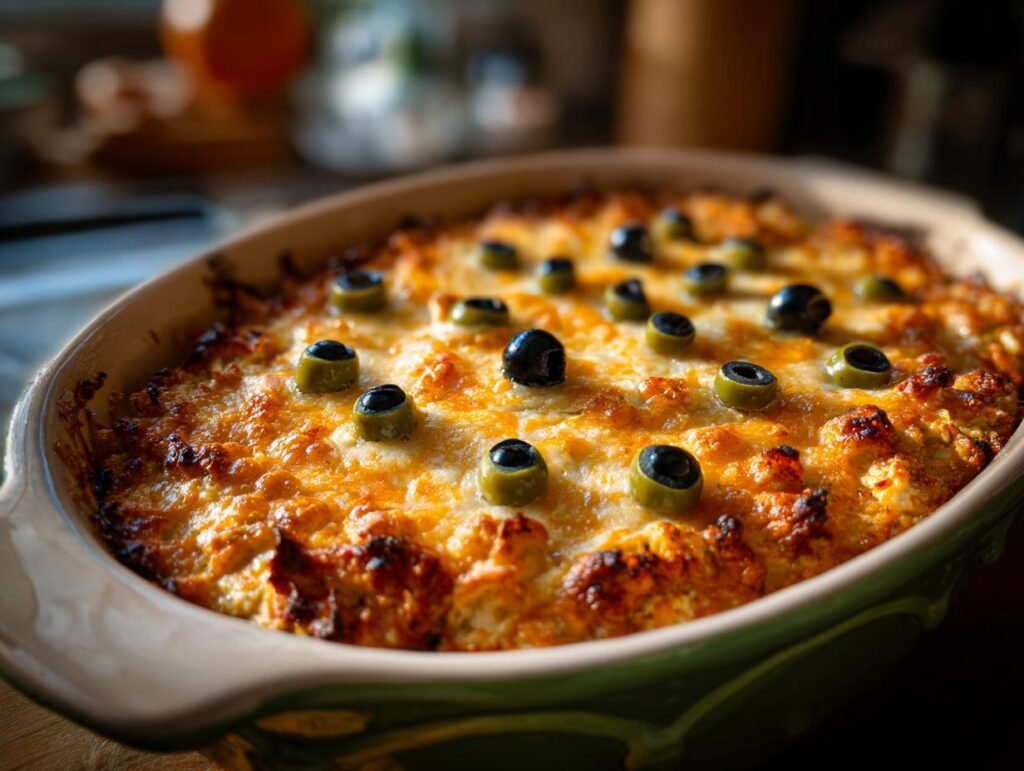 Baked Spooky Halloween Buffalo Dip in a dish, topped with melted cheese and olive 'eyes'.