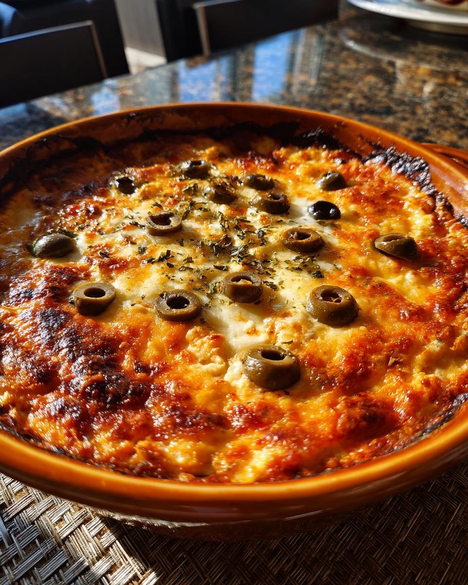 Close-up of Spooky Halloween Buffalo Dip in a baking dish, topped with melted cheese, green olives, and herbs.