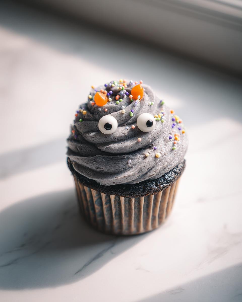 A spooky Halloween cupcake with gray frosting, candy eyes, sprinkles, and orange candy decorations.