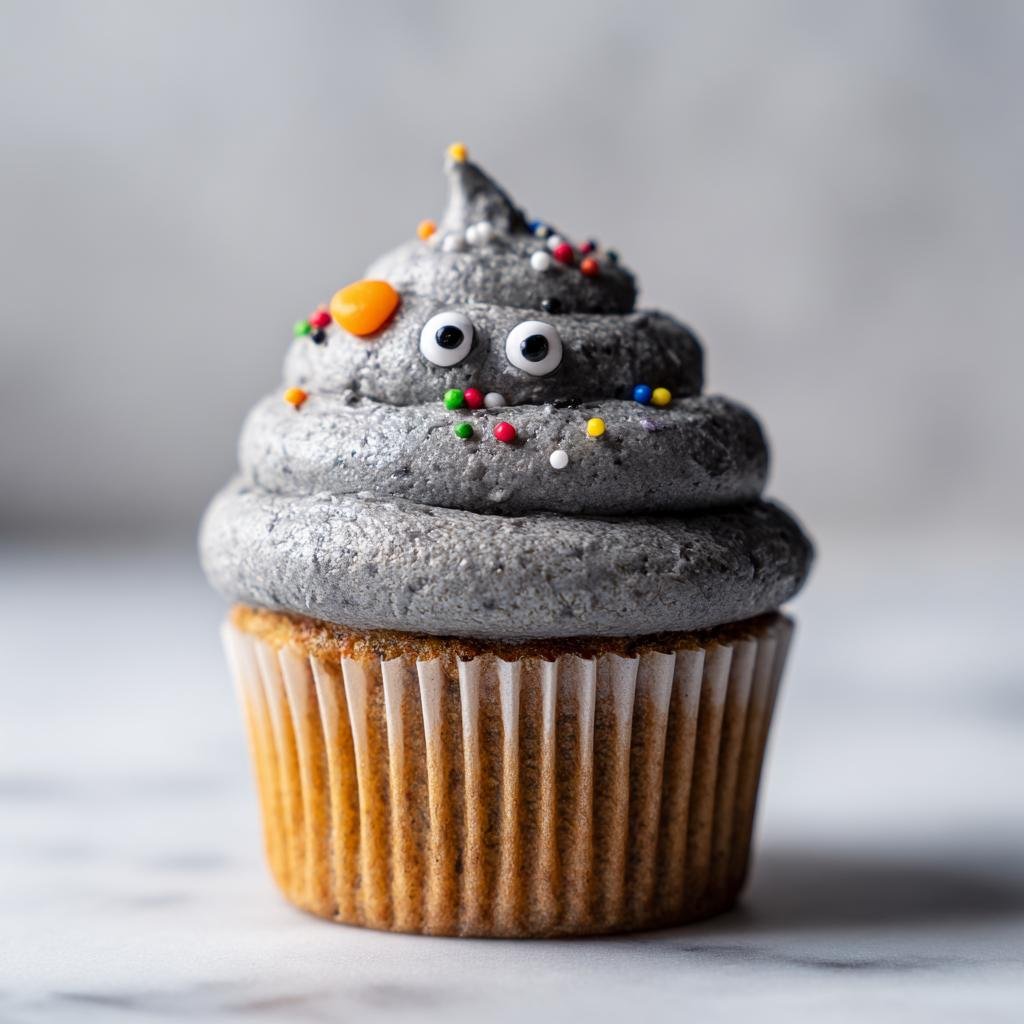A spooky Halloween cupcake with grey frosting, candy eyes, and colorful sprinkles.
