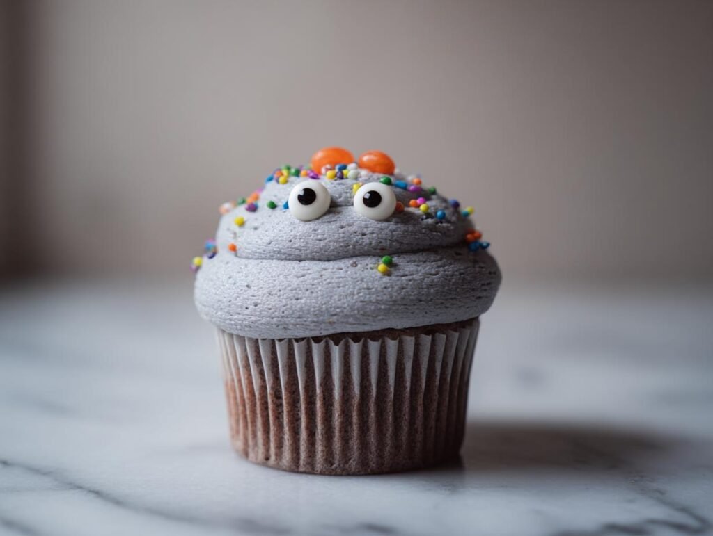 A spooky Halloween cupcake decorated with grey frosting, candy eyes, and colorful sprinkles.
