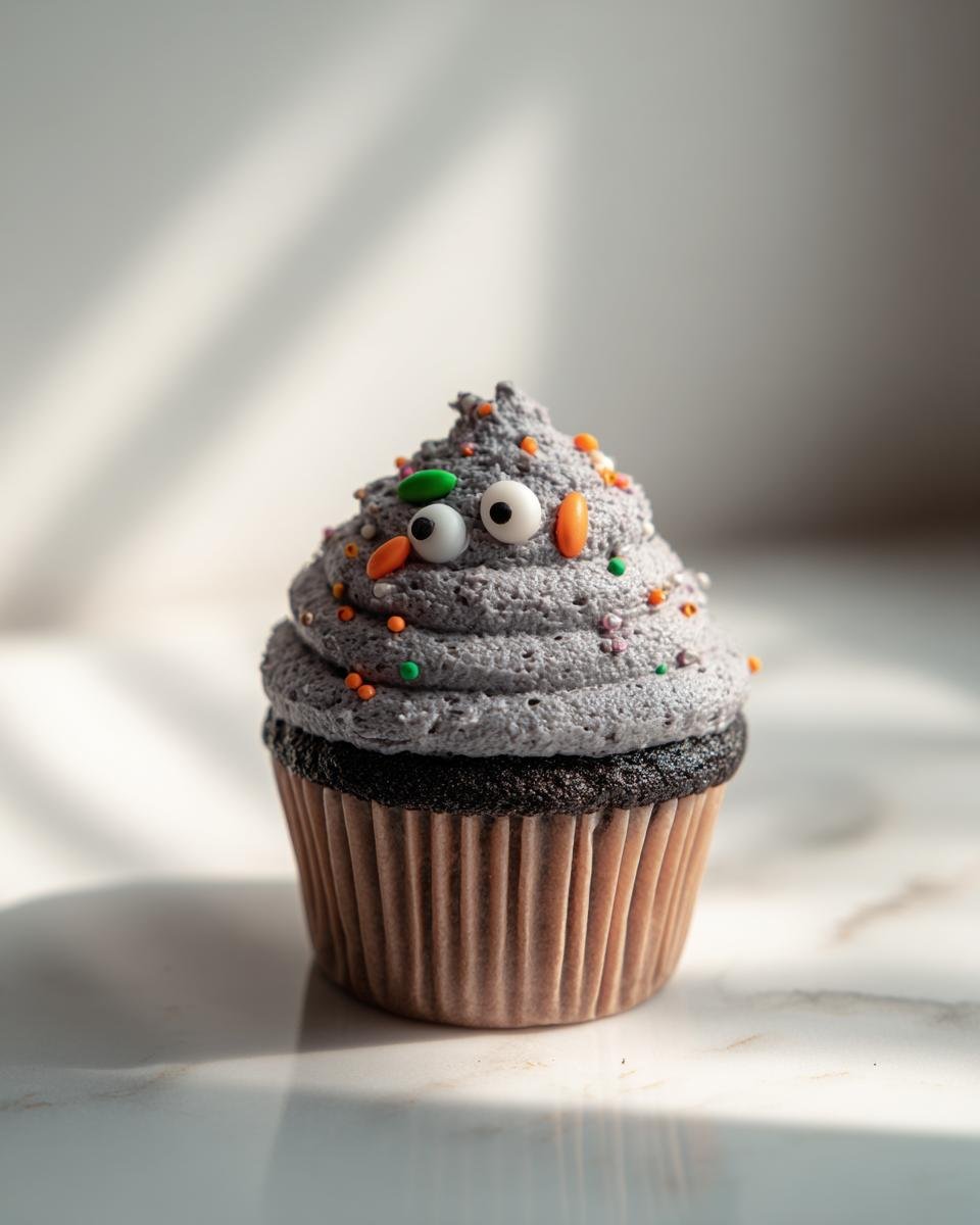 A spooky Halloween cupcake with grey frosting, candy eyes, and colorful sprinkles.