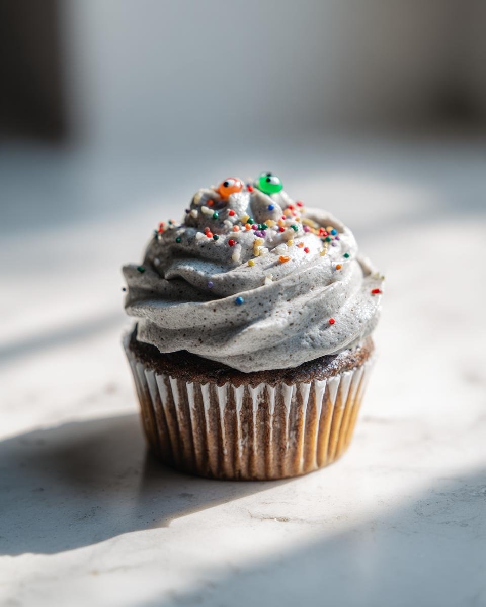A single Spooky Halloween Cupcake with grey frosting, colorful sprinkles, and candy eyes on a white surface.