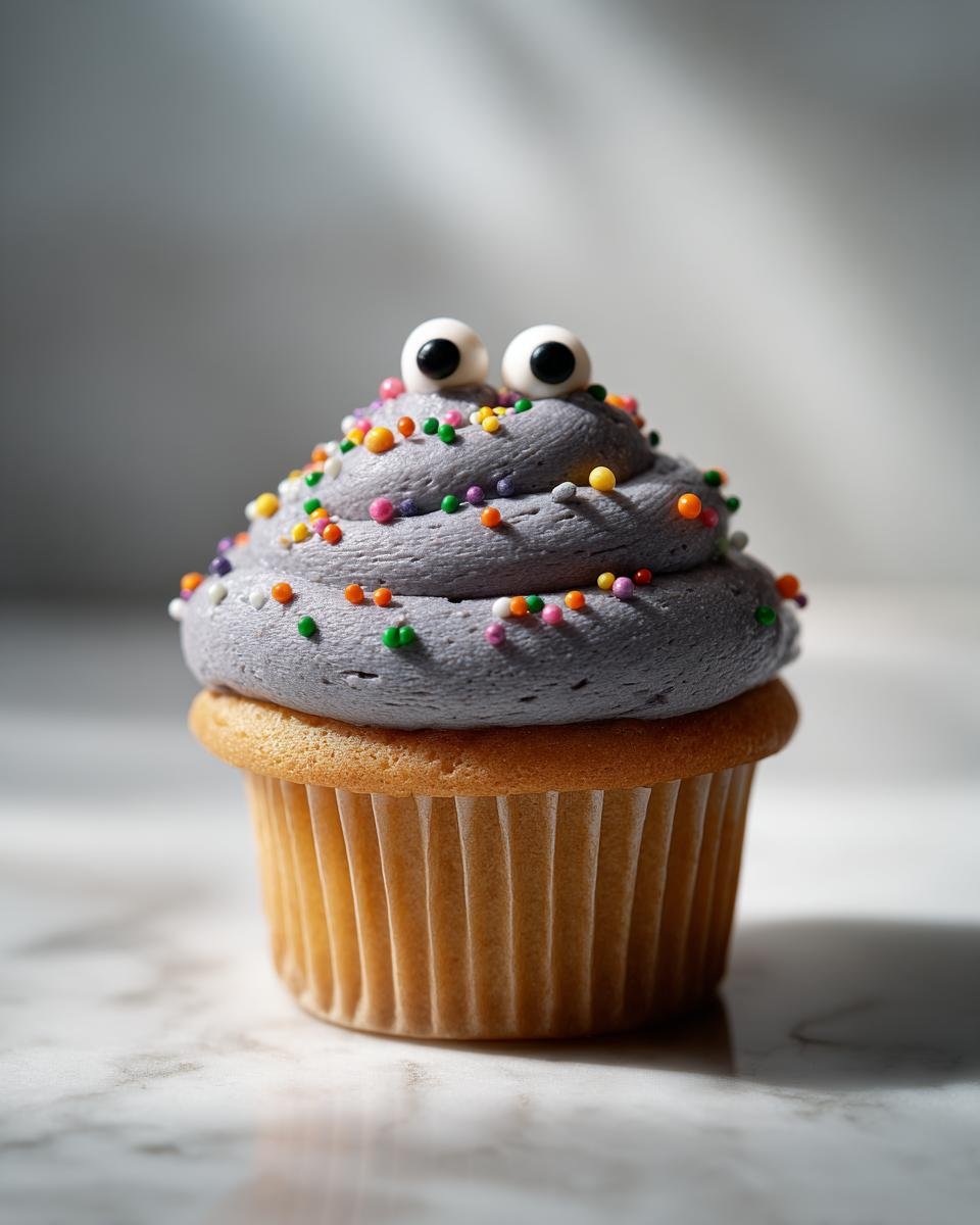 A spooky Halloween cupcake decorated with grey frosting, candy eyes, and colorful sprinkles.