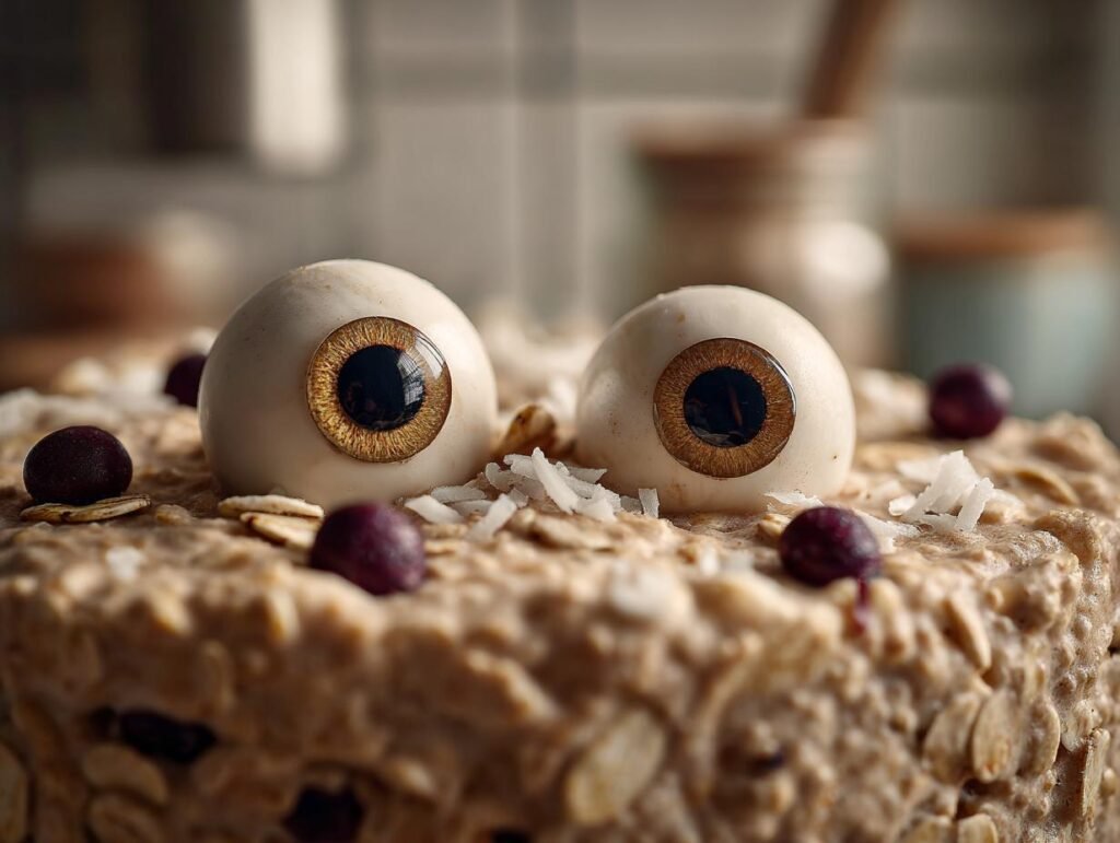 Close-up of Overnight Oats with Spooky Toppings, featuring edible eyeballs and berries for a Halloween treat.