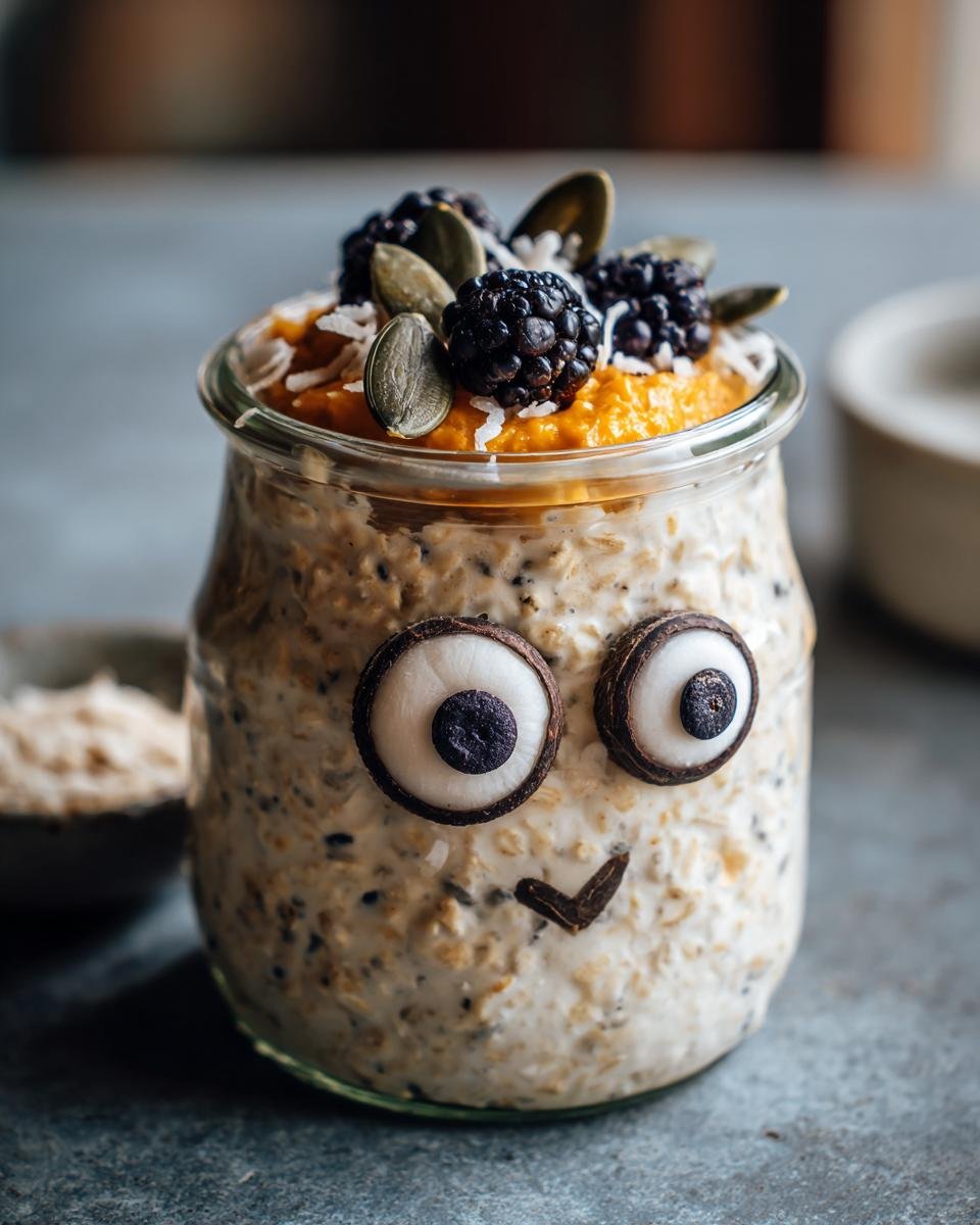 Jar of Overnight Oats with Spooky Toppings: blackberries, pumpkin seeds, coconut flakes, and candy eyes for Halloween.