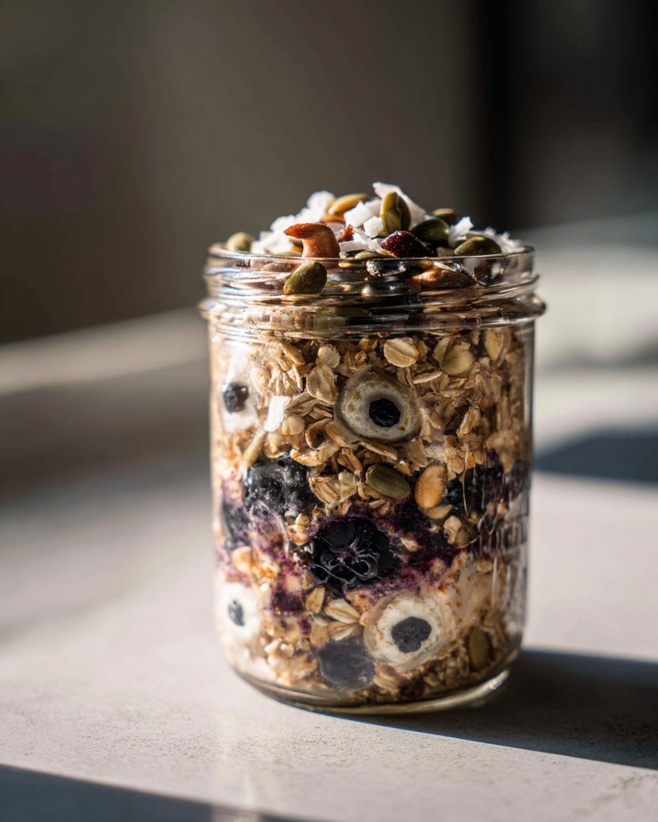 Jar of Overnight Oats with Spooky Toppings like coconut flakes, seeds, and blueberry 'eyeballs'.