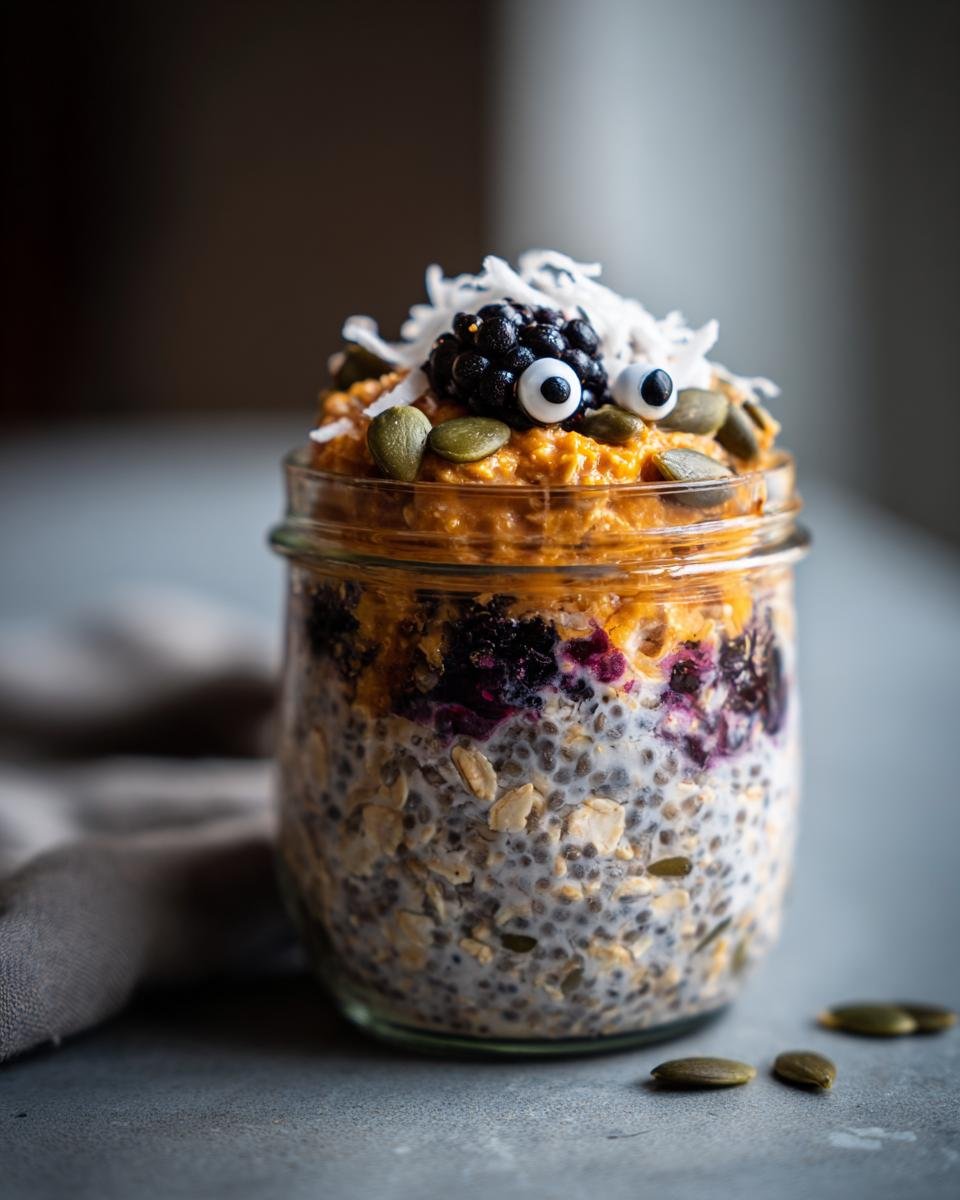 Jar of Overnight Oats with Spooky Toppings: blackberry monster with coconut hair, pumpkin seeds, and candy eyes.