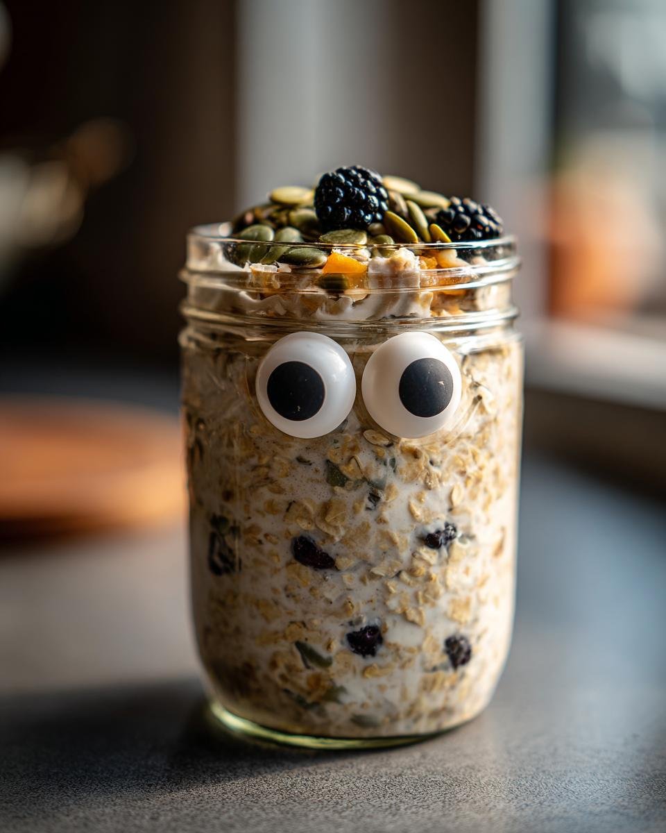 Jar of Overnight Oats with Spooky Toppings, decorated with googly eyes, blackberries, and pumpkin seeds for Halloween.