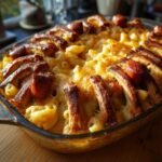 Baked Spooky Rib Cage Mac & Cheese in a glass dish, featuring a rib cage design made of sausages.