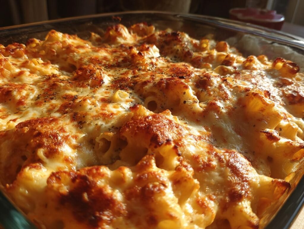 Close-up of baked Spooky With Rib Cage Mac & Cheese in a glass dish, topped with melted cheese and herbs.